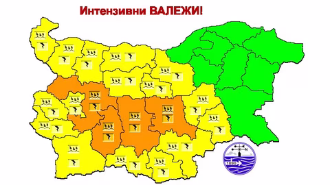 НИМХ предупреждава за силни валежи и бури на 24 май в 20 области